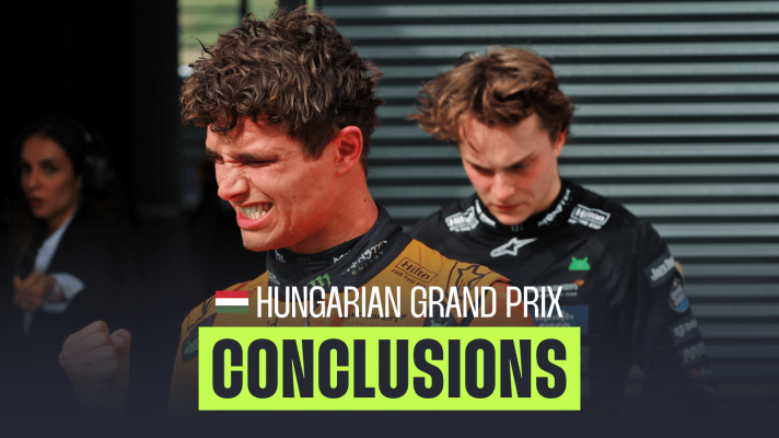 Lando Norris grits his teeth as he punches the air with Oscar Piastri in the background and a PlanetF1.com conclusions banner positioned centre-bottom