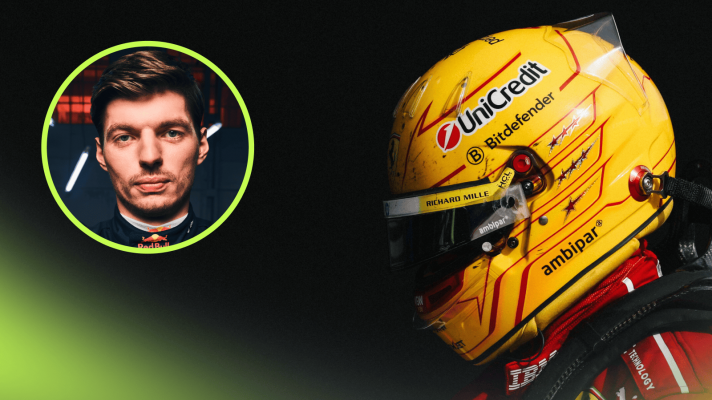 A side-profile shot of Lewis Hamilton wearing his helmet with his head lowered with an inset of Max Verstappen eyeing the camera