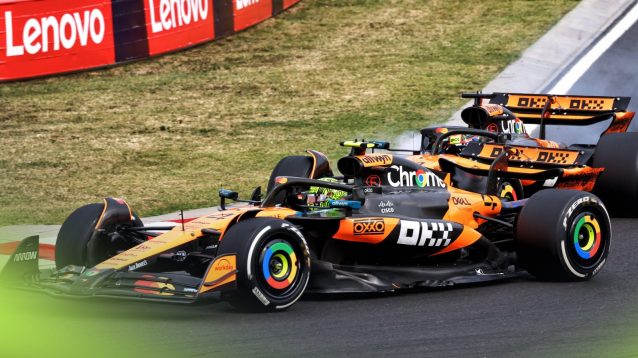 McLaren's Lando Norris and Oscar Piastri battle for the lead of the 2025 Hungarian Grand Prix