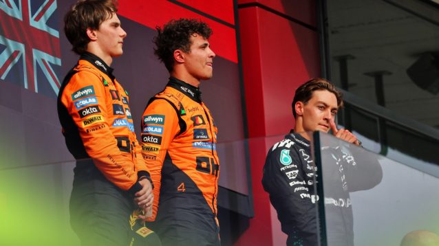 Oscar Piastri, Lando Norris and George Russell pictured on the podium at the 2025 Hungarian Grand Prix