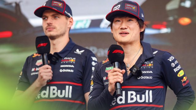 Yuki Tsunoda and Max Verstappen, Red Bull, speaking at the 2025 Hungarian Grand Prix