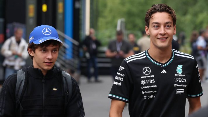 Kimi Antonelli and George Russell, Mercedes, 2025 Belgian Grand Prix.