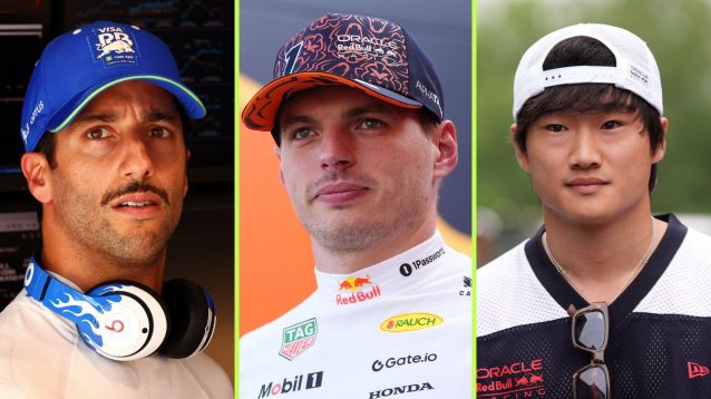 From left to right, Daniel Ricciardo, Max Verstappen and Yuki Tsunoda