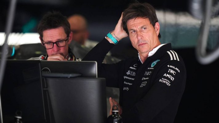 Mercedes' Toto Wolff and Andrew Shovlin at the 2025 Belgian Grand Prix.