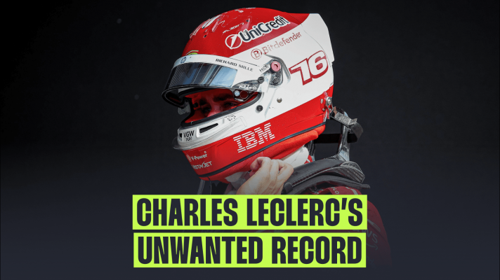 Charles Leclerc adjusting the strap of his helmet against a black background with a banner reading: 'Charles Leclerc's unwanted record'