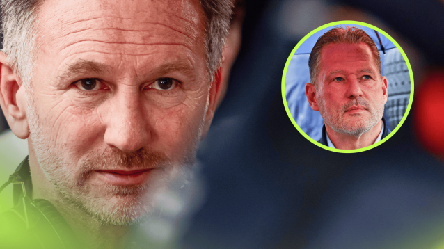 A close-up shot of a tired Christian Horner with an inset of Jos Verstappen