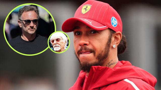 Ferrari driver Lewis Hamilton in focus, with former Red Bull boss Christian Horner in a circle, and ex-F1 chief Bernie Ecclestone in a smaller circle, both on the left