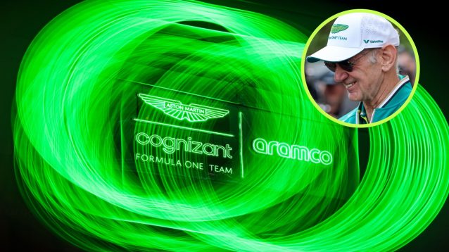 The Aston Martin F1 team logo on display at the 2023 Las Vegas Grand Prix, while managing technical partner Adrian Newey appears in a circle top right