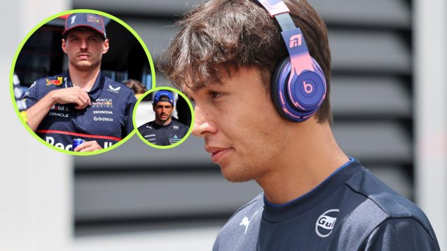 Williams driver Alex Albon wearing headphones, looking towards Max Verstappen in the bigger circle and Carlos Sainz in the smaller circle