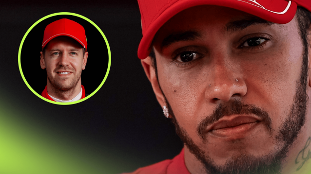 A close-up shot of Lewis Hamilton in Ferrari uniform with an inset of Sebastian Vettel
