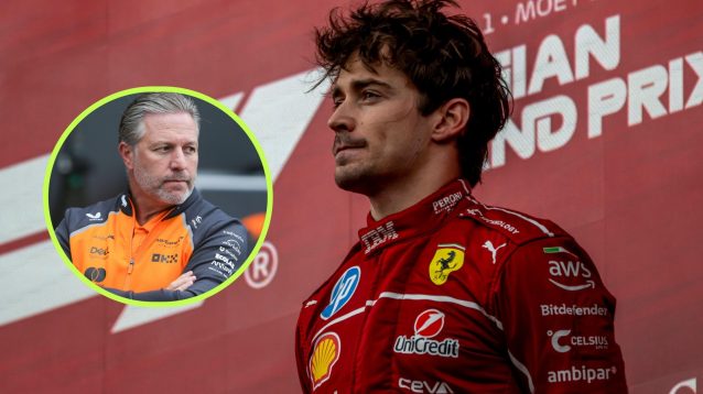 Ferrari's Charles Leclerc stands on the podium at the 2025 Belgian Grand Prix, as Zak Brown appears in a circle to his left