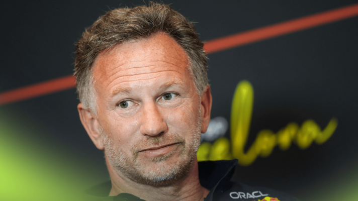 Christian Horner looks on in a press conference