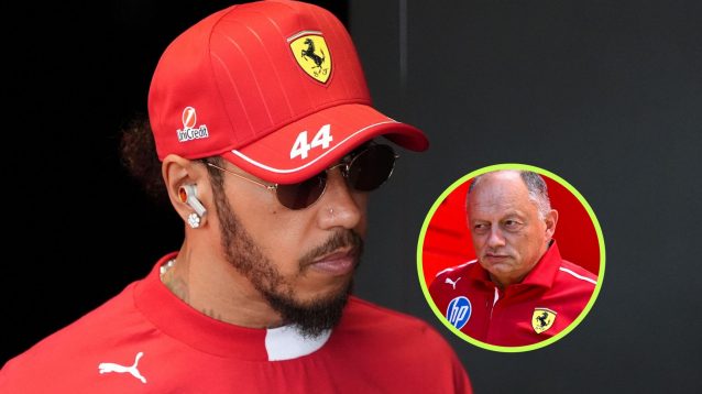Ferrari driver Lewis Hamilton pictured against a black background at the 2025 Hungarian Grand Prix, looking towards where Ferrari team principal Fred Vasseur appears in a circle