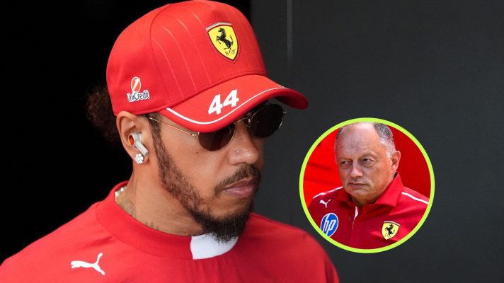Ferrari driver Lewis Hamilton pictured against a black background at the 2025 Hungarian Grand Prix, looking towards where Ferrari team principal Fred Vasseur appears in a circle