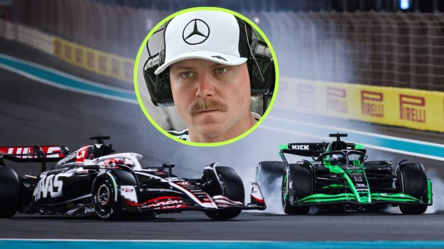 Sauber's Valtteri Bottas collides with Haas' Kevin Magnussen at the 2024 Abu Dhabi Grand Prix.
