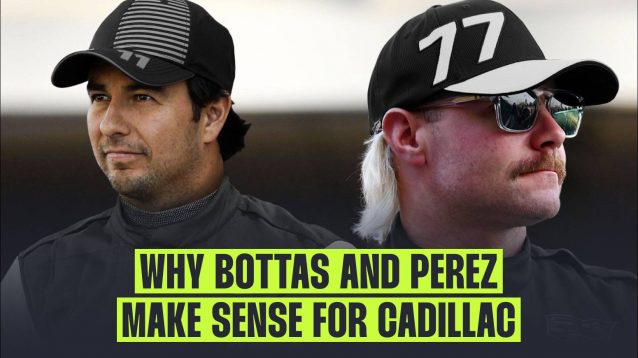 A mock-up of the expected Cadillac 2026 driver line-up of Sergio Perez and Valtteri Bottas.