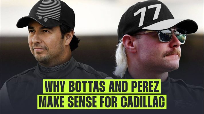 A mock-up of the expected Cadillac 2026 driver line-up of Sergio Perez and Valtteri Bottas.