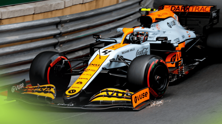 Lando Norris rounds Mirabeau in the Gulf-liveried McLaren MCL35M at the 2021 Monaco Grand Prix