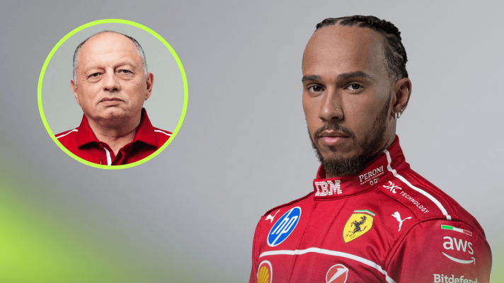 A studio shot of Lewis Hamilton with an inset of Fred Vasseur
