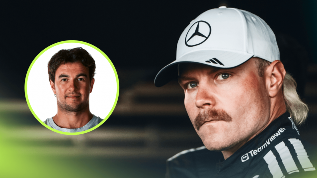 Valtteri Bottas eyes the camera with an inset of Sergio Perez