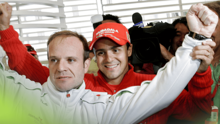 Rubens Barrichello and Felipe Massa pose for the cameras