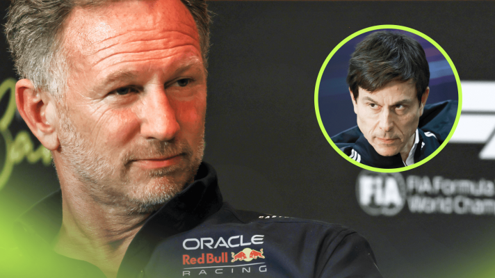 Christian Horner in a press conference with an inset of Toto Wolff
