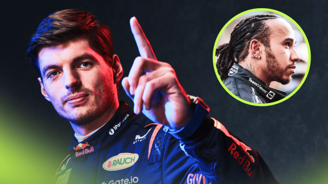 Max Verstappen waves his finger at the camera in celebration with an inset of Lewis Hamilton on the grid