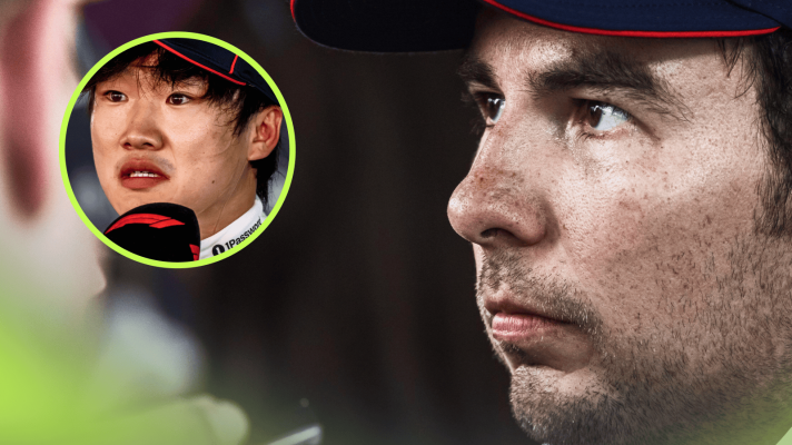 A close-up shot of Sergio Perez with an inset of Yuki Tsunoda