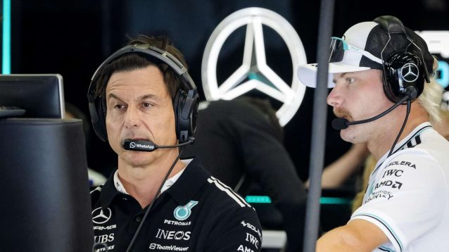 Toto Wolff and Valtteri Bottas in the Mercedes garage.
