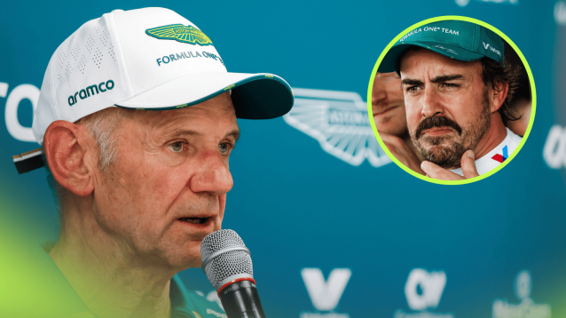 Adrian Newey speaks to the media with an inset of Fernando Alonso