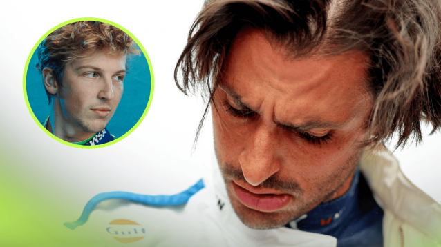 A close-up shot of Carlos Sainz on the grid at Zandvoort with an inset of Liam Lawson