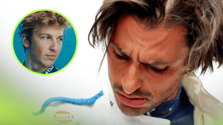 A close-up shot of Carlos Sainz on the grid at Zandvoort with an inset of Liam Lawson