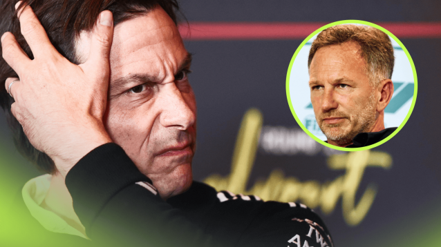 Toto Wolff snarls as he adjusts his hair in a press conference with an inset of Christian Horner