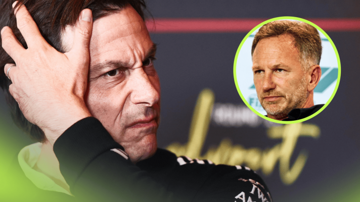 Toto Wolff snarls as he adjusts his hair in a press conference with an inset of Christian Horner