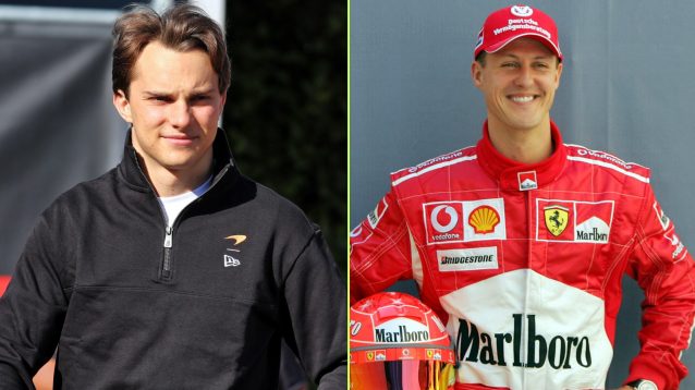 On the left, McLaren driver Oscar Piastri, and on the right, F1 icon Michael Schumacher