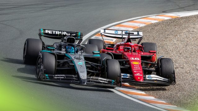 George Russell, Mercedes and Charles Leclerc, Ferrari, in combat at the 2025 Dutch Grand Prix