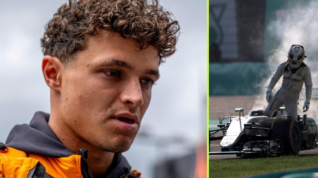 McLaren's Lando Norris pictured at the 2025 Dutch Grand Prix on the left, and on the right, Lewis Hamilton exiting his Mercedes, Malaysia 2016.