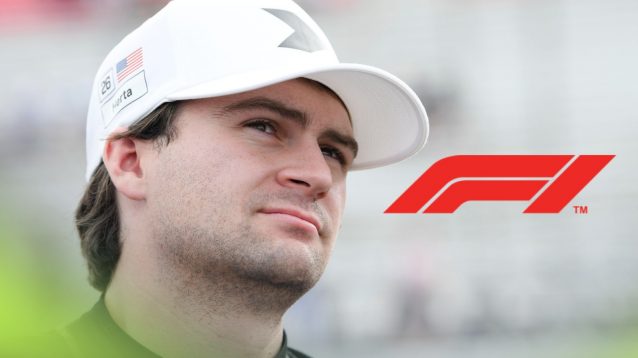 Colton Herta looks in thought, as the Formula 1 logo appears on his right