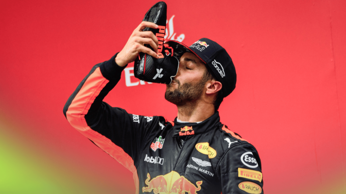 Daniel Ricciardo drinking from his shoe on the podium