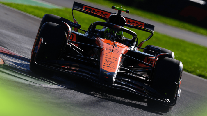 An action shot of Lando Norris's McLaren on track at Monza