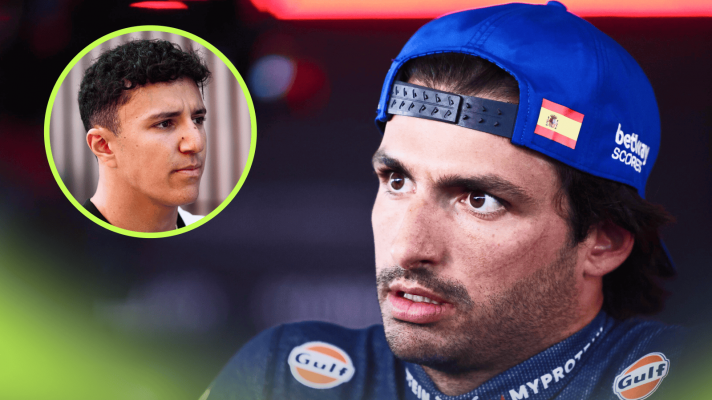 Carlos Sainz faces the media with an inset of Isack Hadjar