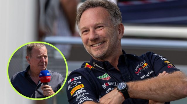 Former Red Bull boss Christian Horner all smiles as Martin Brundle appears in a circle bottom left