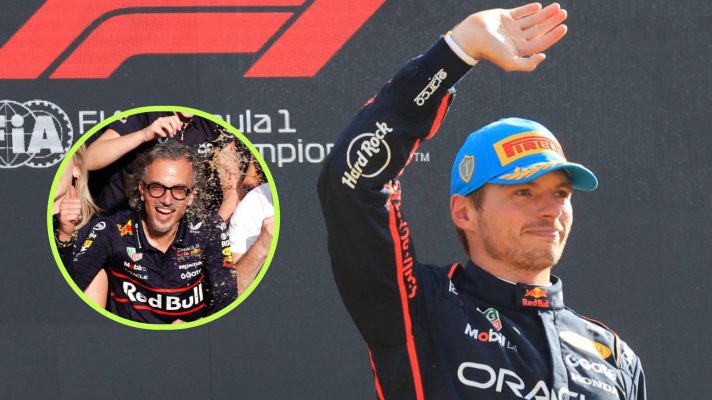 Red Bull's Max Verstappen and Laurent Mekies celebrating victory at the 2025 Italian Grand Prix.