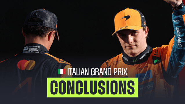 Oscar Piastri waves with Lando Norris's back turned and a PlanetF1.com conclusions banner positioned centre-bottom