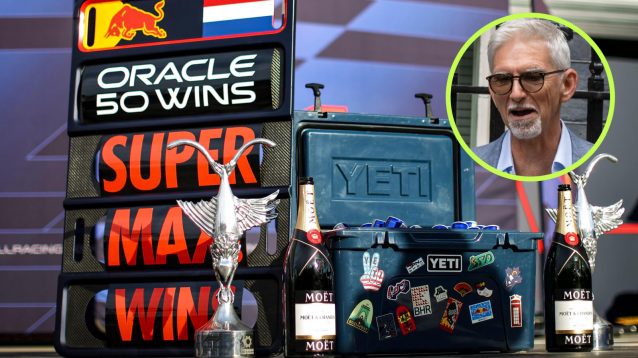 Max Verstappen trophy with Damon Hill