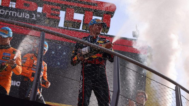 Max Verstappen and the McLaren drivers on the podium