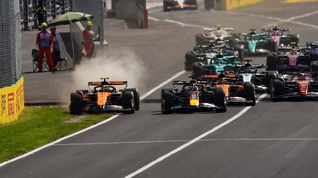 Lando Norris on the grass in his battle against Max Verstappen