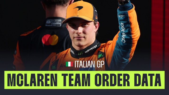 Oscar Piastri looks towards the camera, while McLaren team-mate Lando Norris has his back turned at the 2025 Italian Grand Prix