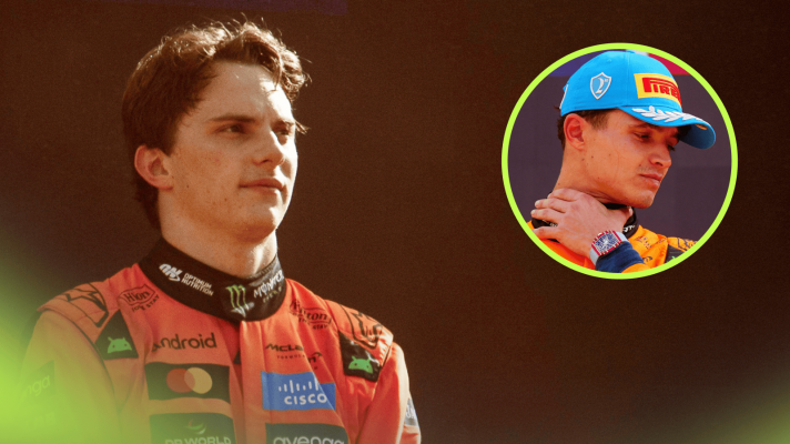 Oscar Piastri on the podium at Monza with an inset of Lando Norris