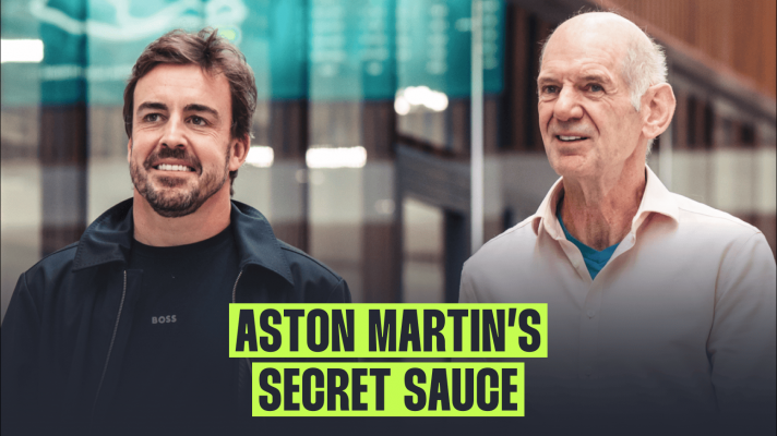 Fernando Alonso and Adrian Newey smile together in Aston Martin's factory with a banner reading: 'Aston Martin's secret sauce'